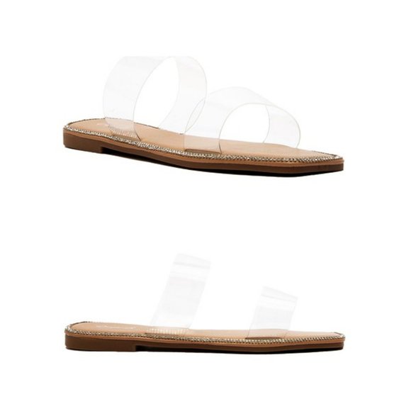 NEW Clear Sparkly Rhinestone Embellished Double Straps Slip On Slides Sandals - Picture 10 of 15